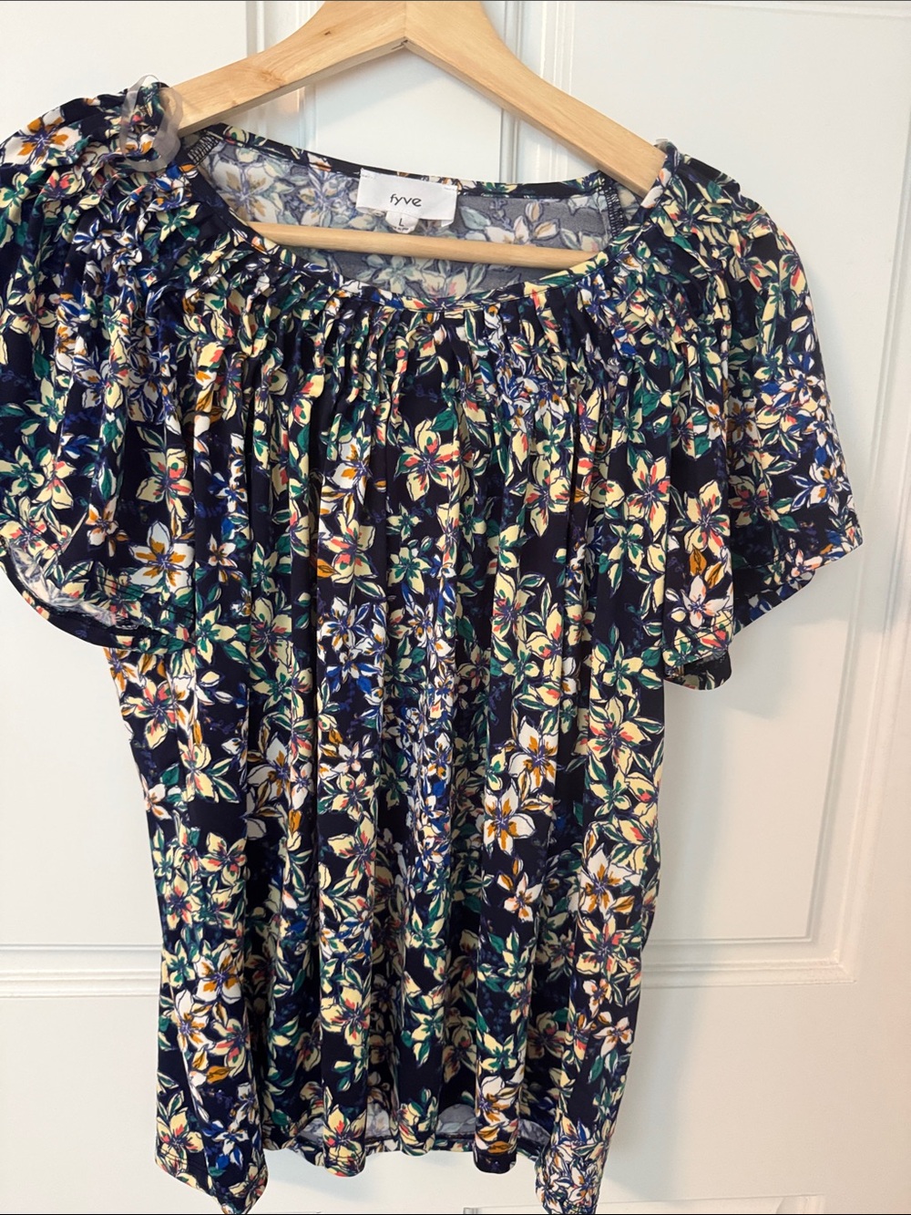 Frye Floral Gathered Neck Short Sleeve Blouse - Navy Multi